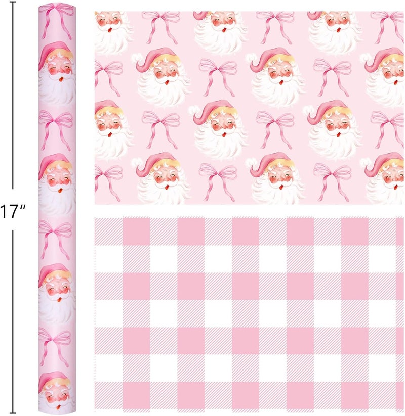 MAYPLUSS Christmas Wrapping Paper Roll - 17 Inch X 33 Feet - Pink Cute Bow Santa Claus Reversible Plaid Gift Wrapping Paper, Thick Wrap Paper for Holiday Party New Year Kids - Image 4